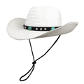 Chapeau de cowboy blanc en paille avec perles turquoise et mentonnière réglable - Blanc pur