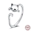 Minimalist S925 sterling silver open cat ring with black cubic zirconia eyes - Ring
