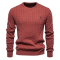 Detail of red cable-knit sweater with high-quality embroidery and ribbed cuffs - Brick Red
