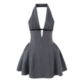 Grey halter dress with black polka dots, deep V-neck, high waist, and pleated bodice details - S / Grey Polka Dot