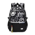 Large black casual backpack featuring trendy graffiti patterns and yellow decorative strap - Letter 123