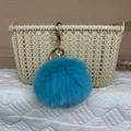Lake blue faux rabbit fur pompom keychain with gold lobster clasp and ring for bags - Sky Blue
