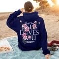 Felpa con cappuccio blu scuro con stampa di ciliegio e testo Jesus Loves You in spiaggia - S / Blu navy