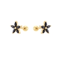 24K gold plated flower stud earrings featuring black marquise zirconia and screw backs - Gold - Black Zirconia