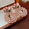 Vintage floral pearl drop earrings with bronze petals and amber crystal center - 62# Antique Bronze Flower Pink Pearl (Silver Earring Post)