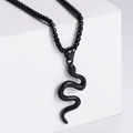 Gothic black cobra snake pendant necklace in matte stainless steel with box chain - Necklace / Black