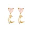 Detailed view of pink heart stone and golden crescent moon pendant with zircon accent - Pink Heart Moon Dangle (EH00738)