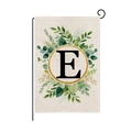 Garden flag variant with green leaf wreath and letter E on linen textured fabric - Letter E