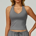 Slim fit grey V-neck brushed yoga tank top with halter back design for fitness workout - S / Tops / Smoke