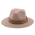 Detail of woven straw fedora with brown leather strap and silver rivet pattern - M (56-58cm) / Dusky Pink
