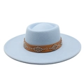 Close-up of light blue felt hat with brown leather band and silver rivet accents - Adult 57-59cm / Sky Blue