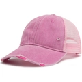 Gorra trucker rosa desgastada de estilo vintage con malla y detalles de roturas - Ajustable / Rosa