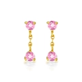 Detail of pink zircon double drop earrings with golden chains in 3-prong setting - Pink Zirconia
