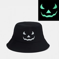 Schwarzer Halloween Kürbis Fischerhut mit im Dunkeln leuchtendem grünem Neon-Effekt-Design - M (56-58cm) / Kürbis Lustiger Ausdruck (2# Farbe)
