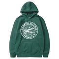 Men's dark green hoodie featuring white alligator print and hooded collar in size M - Dark Green