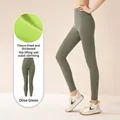 Olive green fleece-lined yoga leggings with high waist and tummy control effect - S / Bottoms / Olive Green