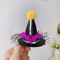 Mini Halloween witch hat hair clip in black and purple with glitter bat and pompom - Purple Bat Wizard Hat