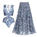 Two-piece set with blue floral swimsuit top and matching high-waist maxi skirt - S / V-Neck Cut-Out One-Piece Swimsuit With Sarong