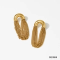 Elegant gold curved C-shape stainless steel earrings with long delicate fringe chains - Gold