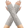 Detailed knit texture of long grey fingerless arm warmers with diamond cable pattern - One Size / Light Gray