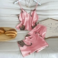 Pink leopard print satin pajamas set with camisole and matching shorts for women - S / Pink