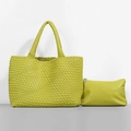 Lime green woven leather tote bag set with matching inner pouch in a classic grid style - Fruit Green