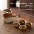 Brown coarse ceramic milk tea pot set with side handle and four matching cups - Pot 700ml Cups 50ml / Fugui Jar Pot 700ml + 4 Firewood Cups / Pot 19.6x11.7cm Cup 6.5x3cm