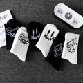 Graffiti style black and white cotton mid-calf socks with smiley faces and bears - 6 Pairs Specific Designs (15-05-06-16-09-19)