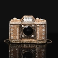 Luxury camera-shaped clutch bag with sparkling gold and black rhinestones and chain - 15x10 Camera Champagne