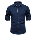 Men's casual long-sleeved navy blue cotton shirt with lapel collar and chest pocket - M / Navy Blue