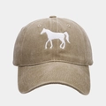 Detailed close-up of khaki cotton baseball cap featuring white horse embroidery and breathable eyelets - Adjustable / Khaki