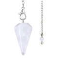 Close-up of hexagonal white crystal pendulum pendant with a polished silver chain link - White Crystal