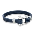 Bracciale in pelle a doppio strato blu navy con chiusura a U argento e filo grigio - Blu e Bianco