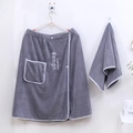 Men's grey coral fleece wrap bath towel set with pocket and innovation embroidery - Men's Bath Skirt And Towel Set / Gray