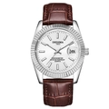 Men's quartz watch with white dial, silver fluted bezel and brown leather strap - Brown Strap Silver Case White Dial Men's