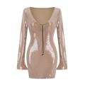 Robe courte pailletée champagne à manches longues, décolleté en V et cordon devant - XS / Abricot