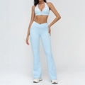 Light blue high waist flare yoga pants and halter neck sports bra two-piece gym set - S / Sports Bra & Flared Pants (Top And Bottom) / Water Blue