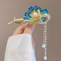 Elegant gold hair clip with blue enamel flower, white pearls and long hanging tassels - New Chinese Style Blue-Green Gradient Flower Tassel Clip