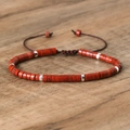 Adjustable woven bracelet with deep red cylindrical natural stones and silver spacers - No.37 Red Jasper