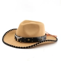 Detail of khaki cowboy hat with bull head buckle and orange tassel drawstring - M(56-58cm) / Camel Black Trim