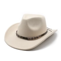 Classic wide brim wool cowboy hat in cream white featuring steampunk gear decorations - M(56-58cm) / Beige