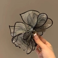 Silver-black striped mesh bow hair claw clip for women's elegant hairstyle accessory - Premium Grey Mesh Claw Clip