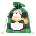 Green and black plaid linen drawstring gift bag featuring a cute cartoon penguin pattern - Green & Black Plaid - Black Penguin