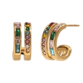 Boucles d'oreilles en C double couche en acier doré 18K serties de zircons colorés - Double Couche Forme C Or Zircon Multicolore
