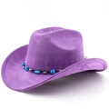 Purple faux suede western cowboy hat with ethnic beaded band and wide brim design - Taro Purple