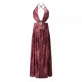 Detail of burgundy leopard dress with gold flower buckle and waist cut-out accents - S / Purplish Red