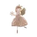 Angelo dorato con gonna in pizzo e ali glitterate per decorazione dell'albero di Natale - Marrone