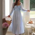 Light blue square neck long sleeve dress with drawstring details and pleated hemline - S / Blue