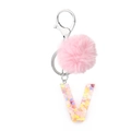 Pink faux fur pompom keychain with letter V resin heart sequins charm and silver hook - Letter V
