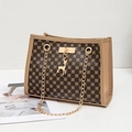 Brown PU leather shoulder bag with dark floral print and a gold deer charm - Dark Coffee